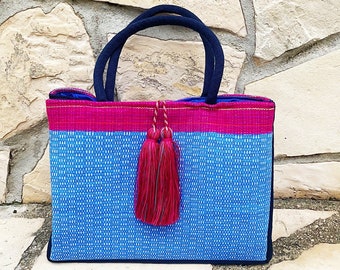 Cabas bohème chic mexicain, sac fabriqué par des indigènes mayas, sac cabas mexicain, sac de marché mexicain, sac à main bleu, fait main | Boutique artisanale de Biulu