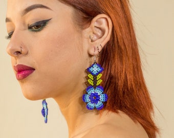 Blue Flower Earrings, Native American Beaded Earrings, Huichol Jewelry, Blue Boho Flower Earrings, Handmade | Biulu Artisan Boutique