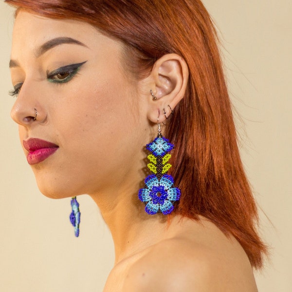 Blue Flower Earrings, Native American Beaded Earrings, Huichol Jewelry, Blue Boho Flower Earrings, Handmade | Biulu Artisan Boutique