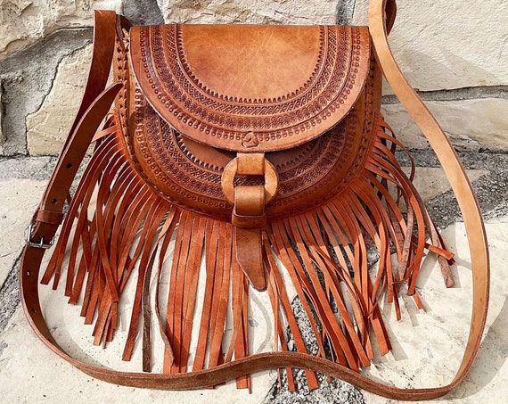 Native American Leather Bag w/ Tassels, Bohemian Leather Purse w/ Fringe, Rustic Leather Bag, Engraved Leather Bag | Biulu Artisan Boutique