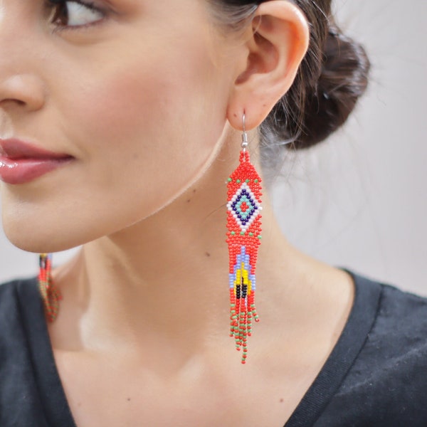 Indigenous Made Boho Earrings, Huichol Earrings, Native American Beaded Earrings, Seed Bead Earrings, Traditional Beadwork, Authentic