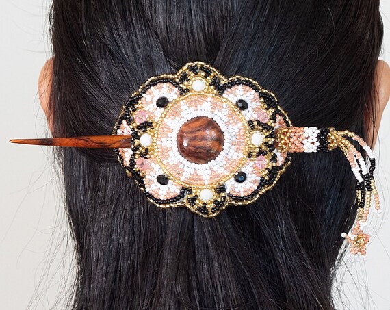 Boho Sun Barrette, Boho Hair Stick, Native American Made Beaded Jewelry, Wooden Hair Stick, Boho Hair Jewelry | Biulu Artisan Boutique