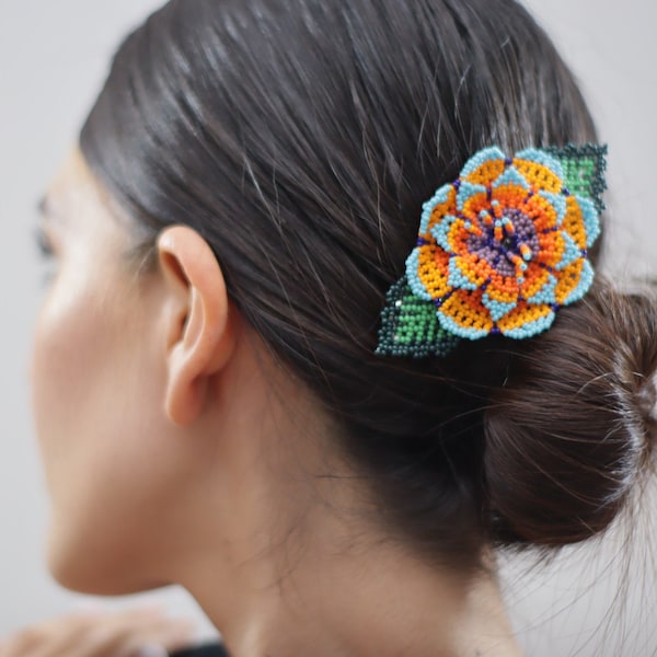 Boho Flower Hairclip, Handmade Beaded Barrette, Vibrant, Native American Jewelry, Indigenous Made, Boho Hair Accessories, Hair Barrette