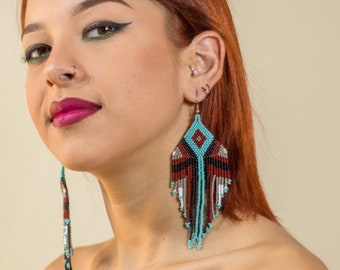 Boho Tribal Chandelier Earrings, Native American Beaded Earrings, Geometric Aztec Earrings, Large Dangling Earrings, Statement Earrings