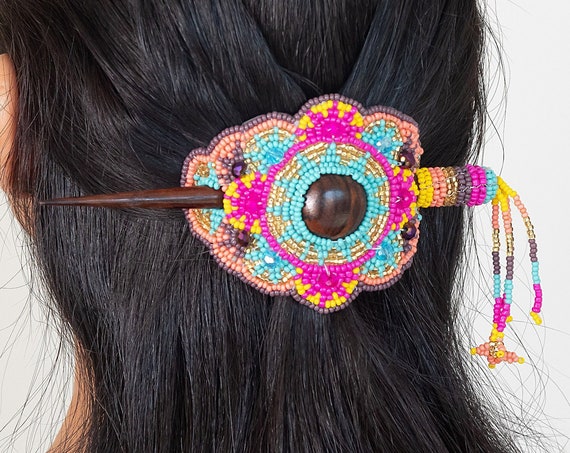 Wood Hair Stick, Bohemian Hair Stick, Sun Barrette, Native American Made Beaded Jewelry, Boho Hair Jewelry | Biulu Artisan Boutique