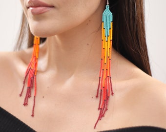 Long Boho Beaded Earrings, Statement Earrings, Native American Beaded Earrings, Long Chandelier Earrings, Chic | Biulu Artisan Boutique