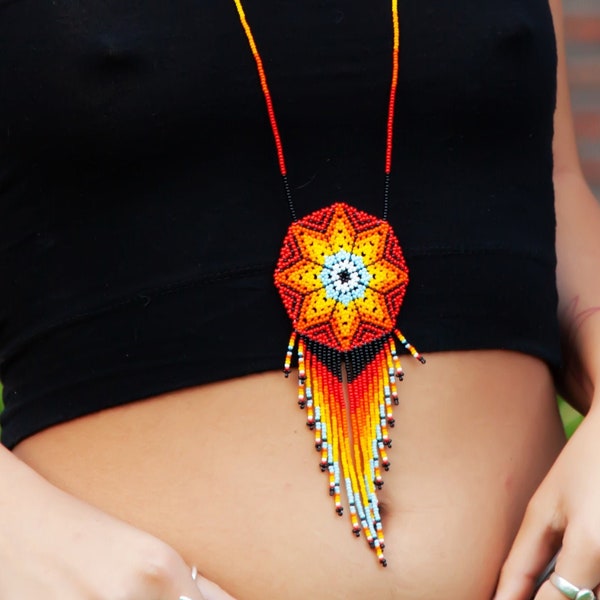 Medallion Necklace, Huichol Jewelry, Native American Style Beaded Jewelry, Morning Star Necklace, Sun Necklace, Huichol Necklace