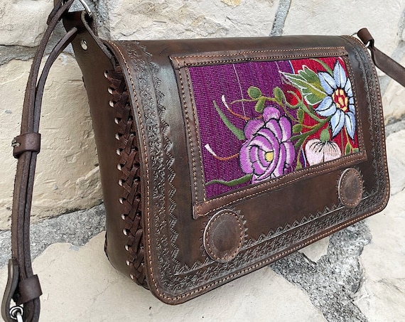 Boho Leather Purse, Embroidered Flower Purse, Rustic Leather Bag, Handmade Purse, Engraved Leather, Indigenous Made | Biulu Artisan Boutique