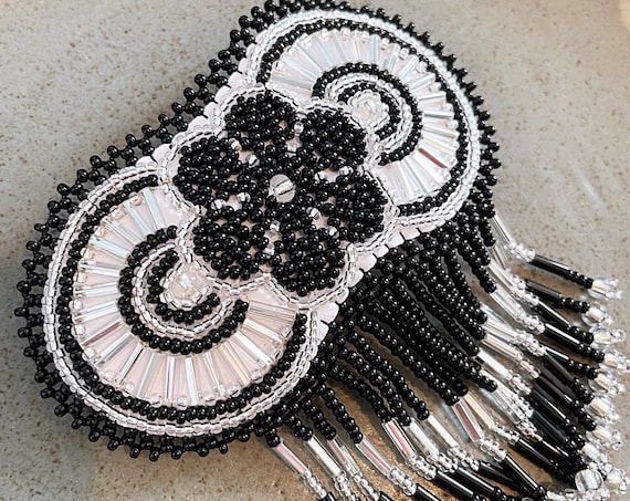 Beaded Boho Barrette, Native American Jewelry, Boho Hair Clip, Indigenous Made, Black Silver, Etsy Jewelry | Biulu Artisan Boutique