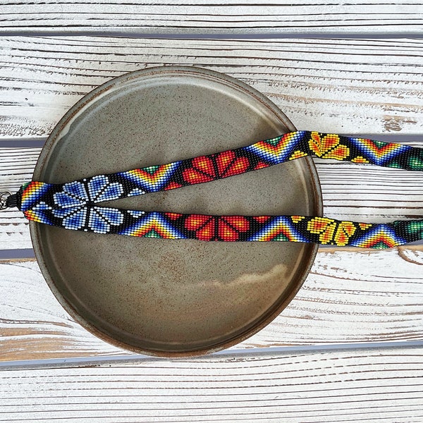 Peyote Beaded Lanyard, ID Tag Lanyard, Native American Made Lanyard, Boho Lanyard, Hand Loomed, Indigenous Made, Long Keychain, Huichol Art