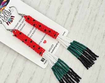 Watermelon Tube Earrings, Beaded Boho Earrings, Seed Bead Earrings, Boho Style Beaded Earrings, Long Beaded Earrings Earrings, Handmade Etsy