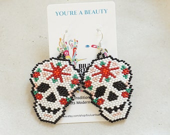 Skull Earrings, Beaded, Punk, Dia de Los Muertos, Mexican Sugar Skull, Seed Bead, Handmade | Biulu Artisan Boutique