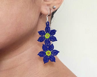 Navy Blue Earrings,Flowers on a Vine Earrings, Beaded floral art, Native American Beaded Earrings, Mexican Indigenous art,Seed Bead Earrings