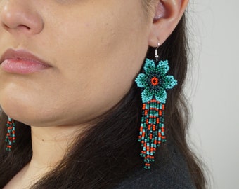 Beaded Boho Earrings, Huichol Earrings, Boho Blue Flower Earrings, Indigenous Made, Traditional Beadwork | Biulu Artisan Boutique