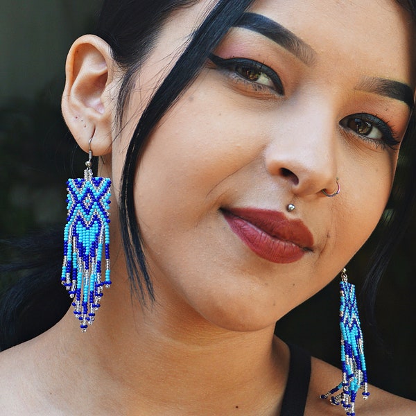 Silver and Blue Boho Chic Earrings, Native American Beaded Earrings, Ojo de Dios Huichol Earrings, Etsy Earrings, Handmade, Geometrics