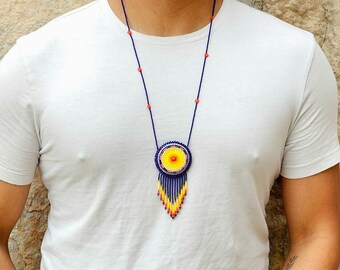 Native American Medallion Necklace, Huichol Jewelry, Beaded Huichol Necklace, Medicine Pouch for Sage, Tabacco, Leather Backing, Handmade