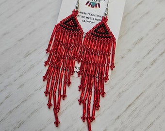 Sparkling Red Earrings, Native American Beaded Earrings, Red Boho Earrings, Handmade Beaded Earrings, Real Huichol Beading