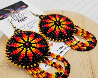 Red Black Bohemian Sun Earrings, Native American Style Beaded Earrings, Beaded Boho Earrings, Tribal Sun Earrings, Small Medallion, Fire