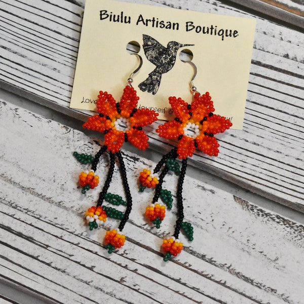 Beaded Huichol Earrings - Red Dangling Earrings - Beaded Flower Earrings - Native American Earrings - Huichol Beadwork - Huichol Jewelry