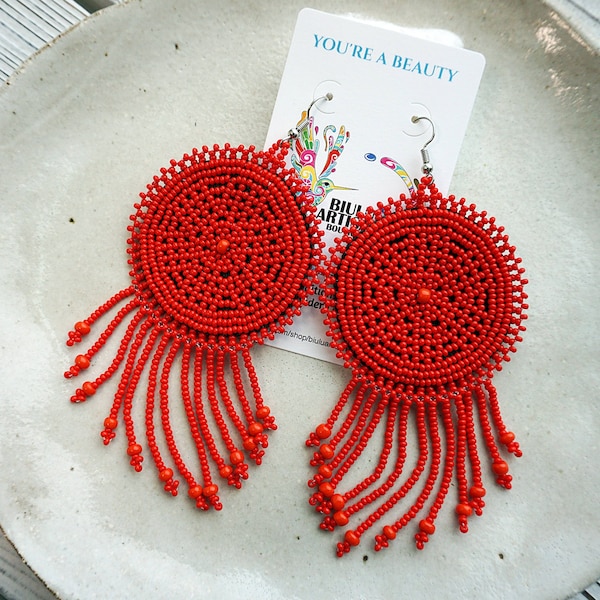 Red Boho Earrings, Native American Beaded Earrings, Statement Jewelry, Round Earrings, Handmade, Etsy Earrings, Indigenous Made