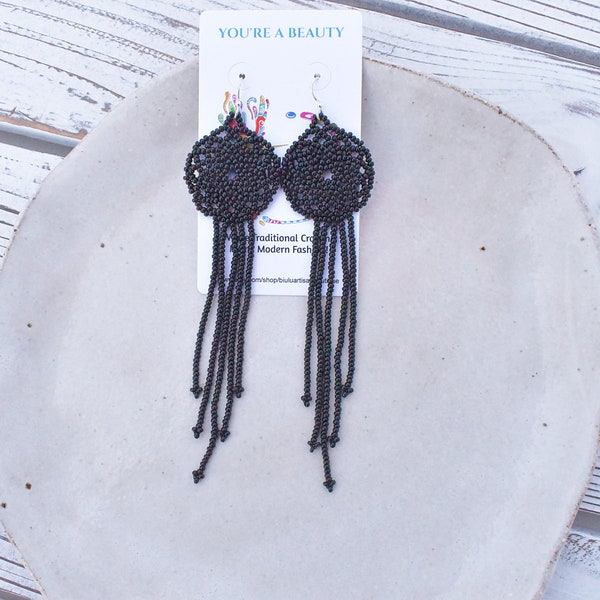 Chic Chandelier Earrings, Black Beaded Earrings, Long Dangle Boho Earrings, Dainty Beaded Medallions, Native American Beaded Earrings