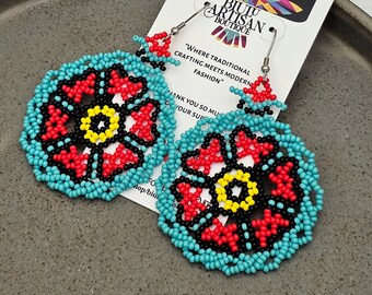 Huichol Flower Earrings, Pop Art Earrings, Small Medallion Earrings, Native American Beaded Earrings, Huichol Jewelry, Authentic Beading