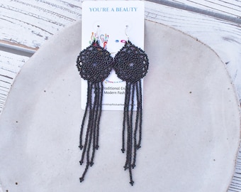 Chic Chandelier Earrings, Black Beaded Earrings, Long Dangle Boho Earrings, Dainty Beaded Medallions, Native American Beaded Earrings