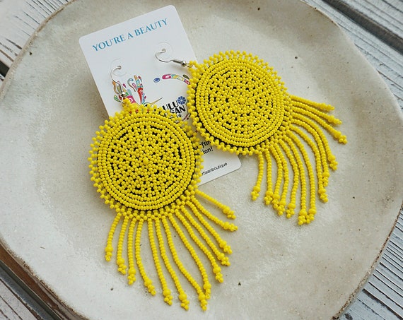 Yellow Boho Earrings, Native American Beaded Earrings, Statement Jewelry, Round Earrings, Handmade, Etsy Earrings, Indigenous Made
