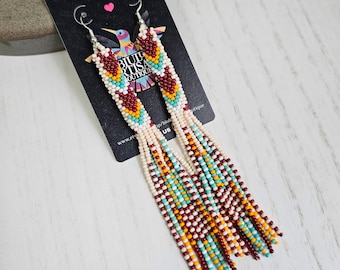 Native American Beaded Earrings, Long Beaded Tube Earrings, Boho, Seed Bead, Tribal Fashion, Huichol, Handmade | Biulu Artisan Boutique