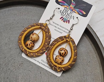 Rustic Earrings, Yellow Earrings, Native American Earrings, Wicker Beaded Earrings, Indigenous Made, Handmade | Biulu Artisan Boutique