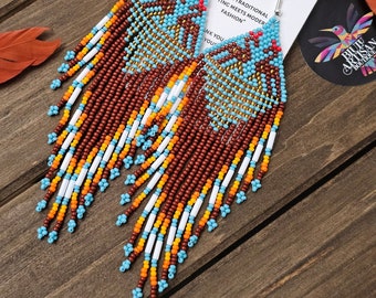 Brincos Boho turquesa azul, brincos de contas Huichol, brincos longos pendurados, brincos de contas de pássaros, brincos de contas estilo nativo, feitos à mão