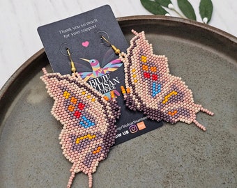 Beaded Butterfly Earrings, Boho Earrings, Native American Beaded Earrings, Butterfly Pair, Pink Earrings, Cream | Biulu Artisan Boutique