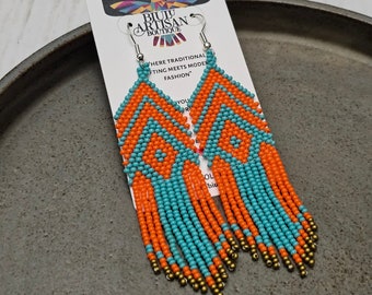 Orange and Turquoise Geometric Earrings, Native American Beaded Earrings, Tapestry Earrings, Eye of God Earrings, Ojo de Dios, Bold Earrings