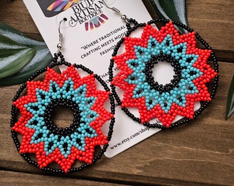 Beaded Stars, Boho Sun Earrings, Starburst Earrings, Native American Jewelry Huichol, Stars, Indigenous Made Beaded Earrings, Mandala