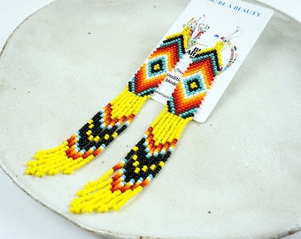 Handmade Boho Earrings, Native American Beaded Earrings, Yellow, Beaded Boho Earrings, Indigenous Made, Long Skinny Earrings, Etsy Handmade