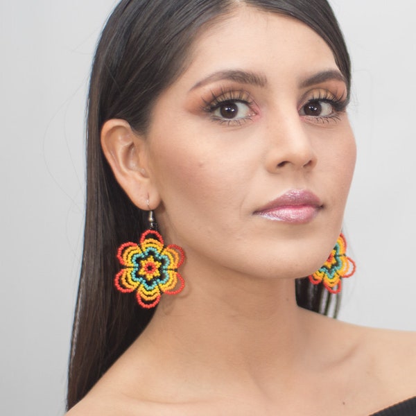 Beaded Flower Earrings, Lightweight Huichol Earrings, Native American Beaded Earrings, Red, Turquoise Bright Round Earrings, Indigenous Made