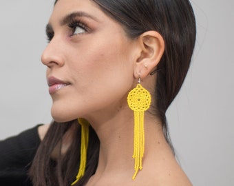Boho Dreamcatcher Earrings, Yellow, Chandelier Earrings, Native American Beaded Earrings, Indigenous Made | Biulu Artisan Boutique