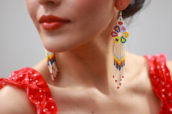 Indigenous Beaded Earrings, Rainbow Peyote Boho Earrings, Native American Beaded Earrings, Bright and Colorful Beaded Earrings, Handmade