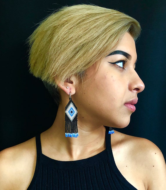 Mexican Native American Beaded Earrings, Geometric Beaded Boho Earrings, Tribal High Fashion Earrings, Huichol Earrings, Ojo de Dios