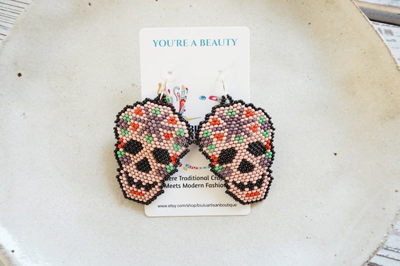 Mexican Skull Earrings, Boho Beaded Earrings, Dia de Los Muertos, Mexican Sugar Skull, Seed Bead, Handmade | Biulu Artisan Boutique
