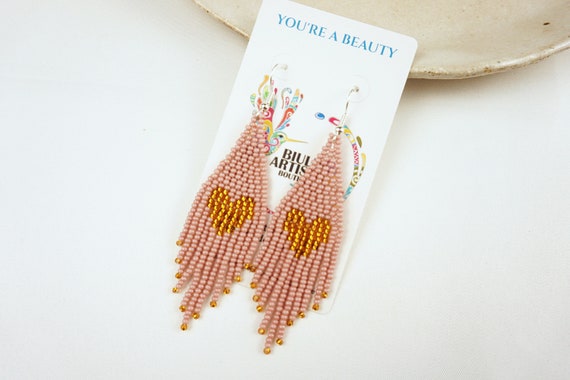 Gold Heart Earrings, Handmade Boho Earrings, Native American Beaded Earrings, Pink, Beaded Boho Earrings, Indigenous Made, Etsy Handmade