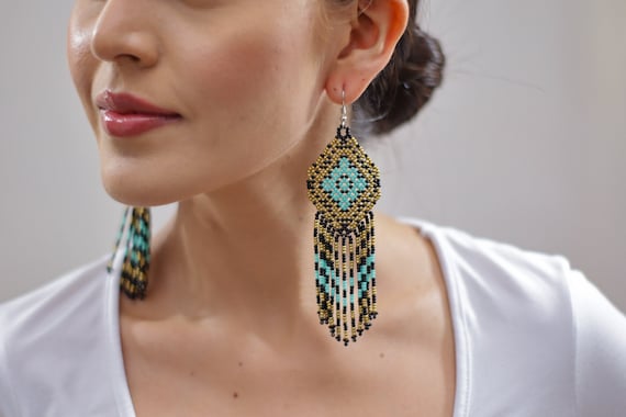 Gold Turquoise Aztec Earrings, Aztec Jewelry, Traditional Beadwork, Huichol Jewelry, Beaded Tribal Earrings, Seed Bead Earrings