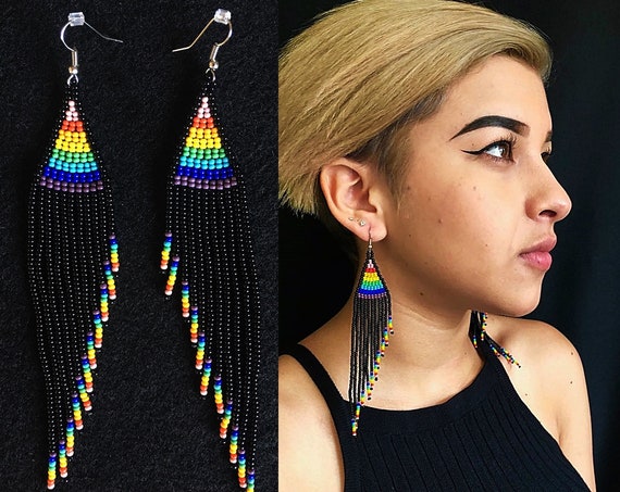 Rainbow Boho Earrings, Native American Style Beaded Earrings, Beaded Long Earrings, Feather Style Earrings, Tribal High Fashion Earrings