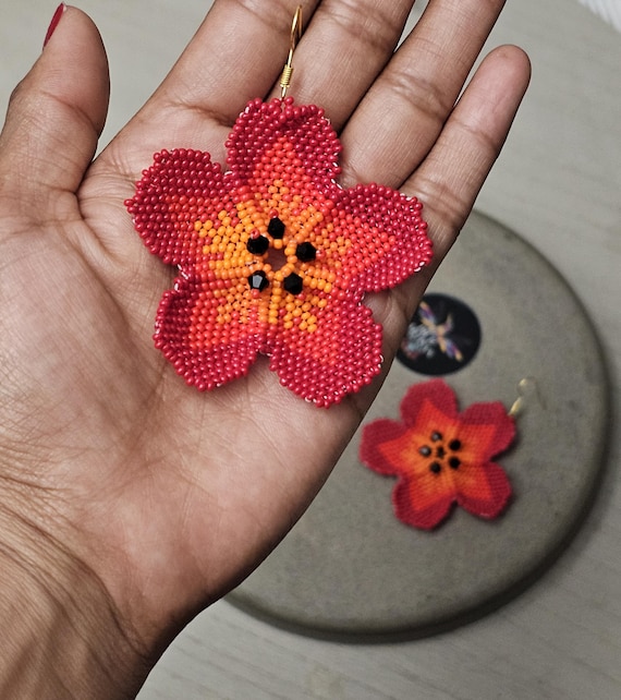 Beaded Poppy, Handmade Beaded Red and Orange Flower Earrings, Statement Jewelry