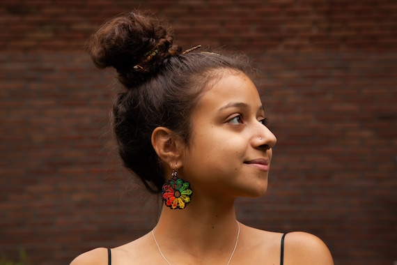 Bright Multicolor Flower Earrings, Peyote Flower Earrings, Huichol Earrings, Native American Earrings, Hippie Earrings, Fun Spring Jewelry