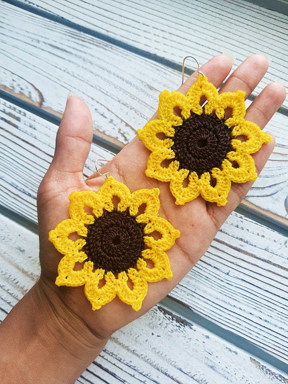 Sunflower Earrings, Large Statement Earrings, Macrame Earrings, Boho Hippie, Handmade, Big Sunflower Earrings | Biulu Artisan Boutique