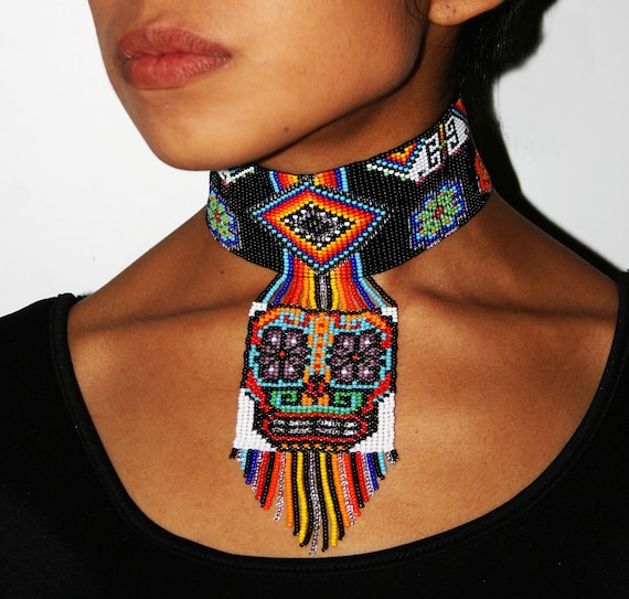 Beautiful Mexican Sugar Skull Choker Necklace, Huichol Necklace, Ethnic Sugar Skull Necklace, Native American Choker, Seed Bead Necklace