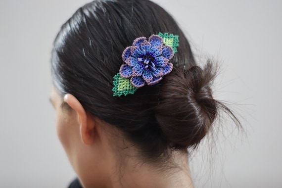 Handmade Beaded Barrette, Violet Flower Hairclip, Boho, Native American Jewelry, Indigenous Made, Boho Hair Accessories, Hair Barrette