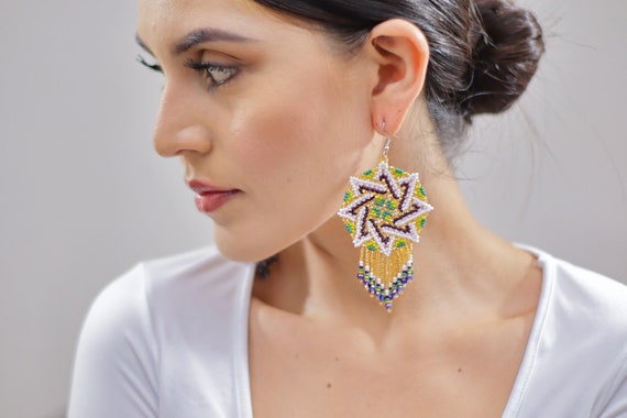 Beaded Sun Earrings, Geometric Sun Earrings, Native American Beaded Earrings, Huichol Jewelry, Indigenous Made, Handmade Earrings, Starburst
