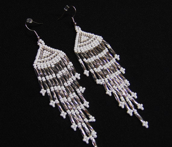 Icicle Beaded Earrings, Native American Jewelry, Boho Earrings, White & Silver, Handmade | Biulu Artisan Boutique